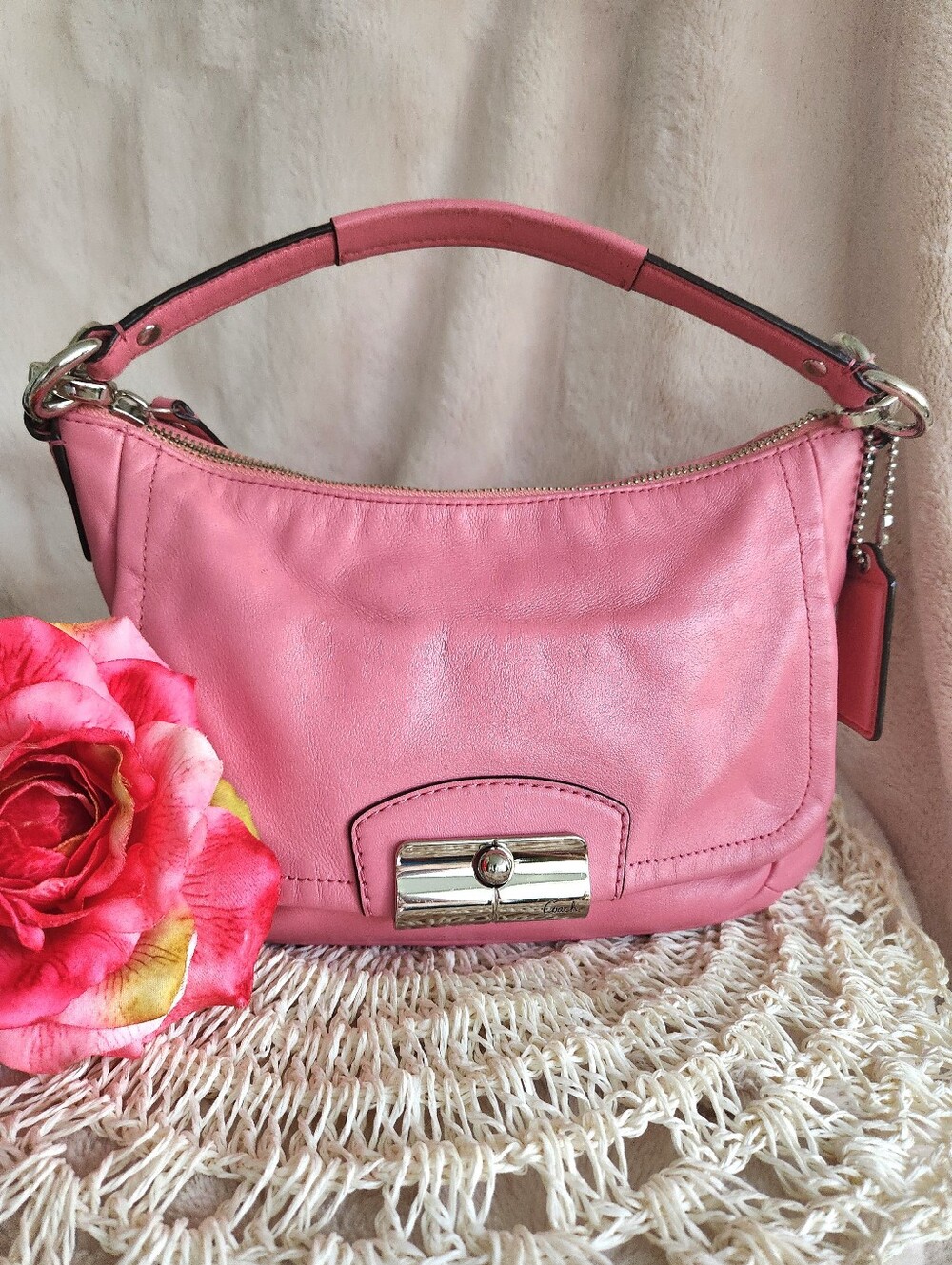 Coach Pink Leather Hobo Shoulder Bag with Silver Hardware